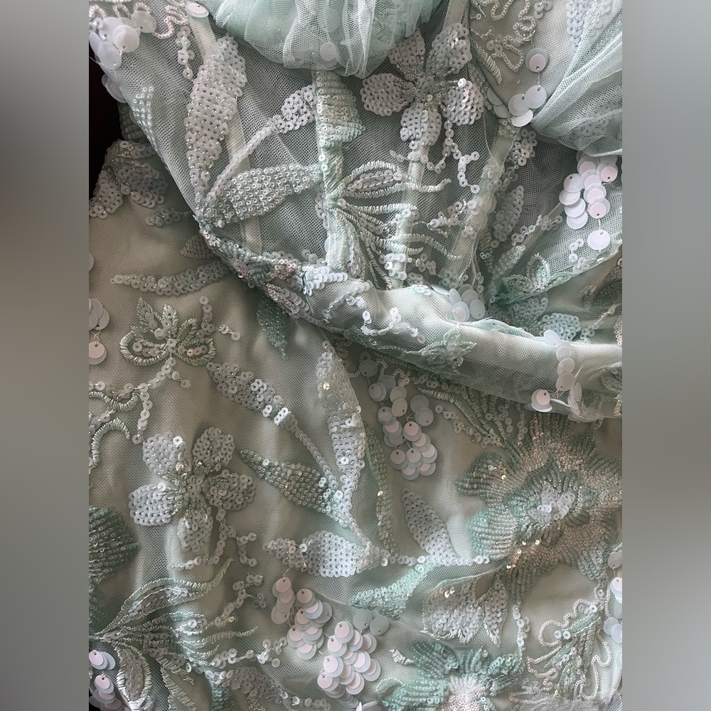 Faeriesty Luxury One Shoulder Tulle Overlay Mermaid Floral Sequin Dress Sz Large - Picture 7 of 7